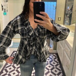 Anthropologie cotton plaid flowy blouse